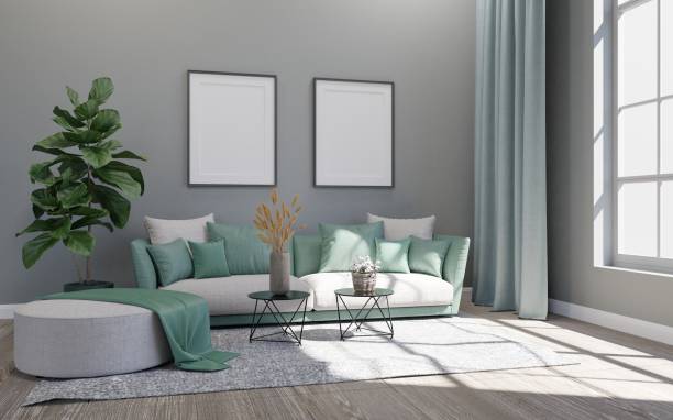 istock Mock up frame in home interior background, green tone room with minimal style. 3d render 1372056624