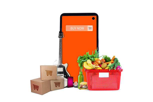 istock Cellphone displaying buy now text near groceries 1372058117