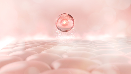 Stem cells floating on skin cell with aura pink background. Skin treatment, Anti-Angie concept. 3D rendering