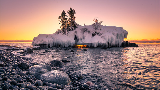 hollow rock frozen sunrise north shore lake superior