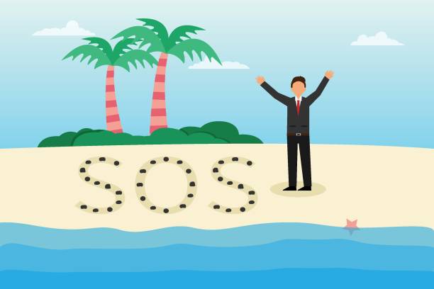 Businessman arranging stones to making SOS signal Help vector concept. Businessman stranded on an island while arranging stones to making a SOS signal sos stock illustrations