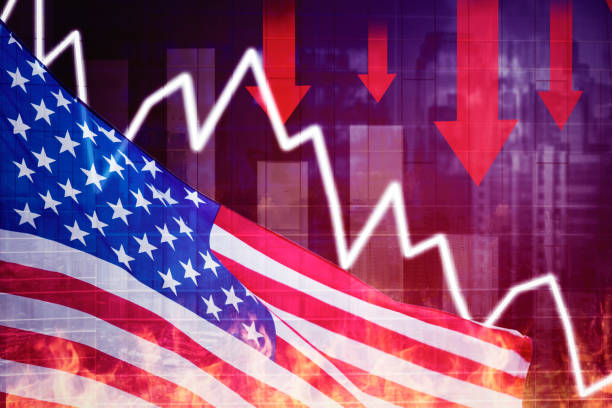 istock Declining arrow with burning America flag 1372062493