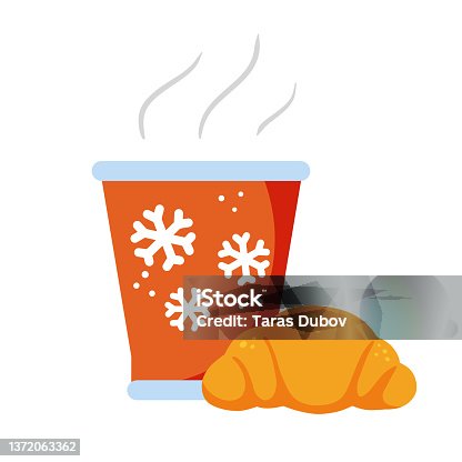 istock Hot coffee with croissant. Winter red glass with drink and pastries. 1372063362