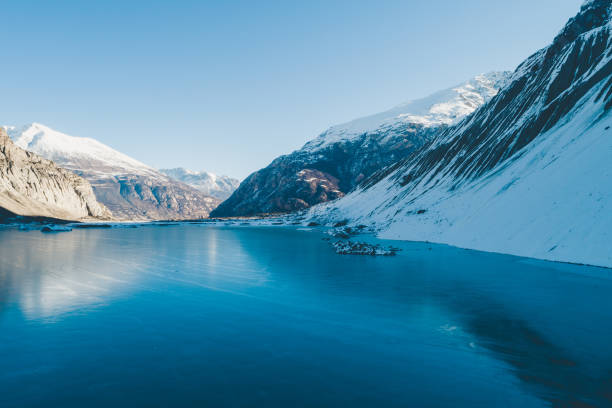 チベット、中国の美しい凍った氷河のラグーンの空中写真 - glacier himalayas frozen lake ストックフォトと画像