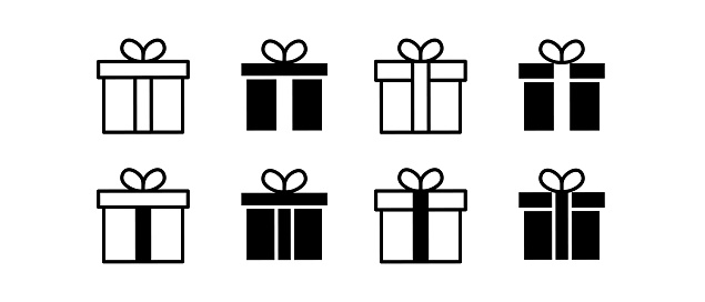Big set gift box with ribbon, vector icons. Black and white holiday box. Line Surprising gift box