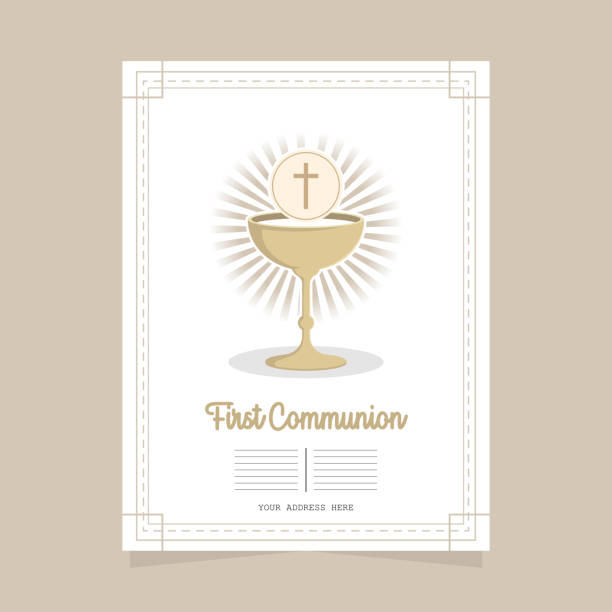 ilustraciones, imágenes clip art, dibujos animados e iconos de stock de primera comunión tarjeta de felicitación - eucaristia