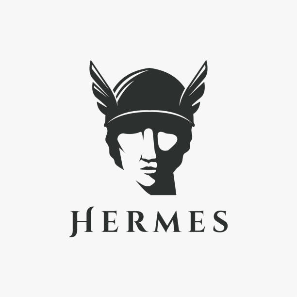 ilustraciones, imágenes clip art, dibujos animados e iconos de stock de icono vectorial del logotipo de la cabeza de dios hermes sobre fondo blanco - mercury greek god men roman god