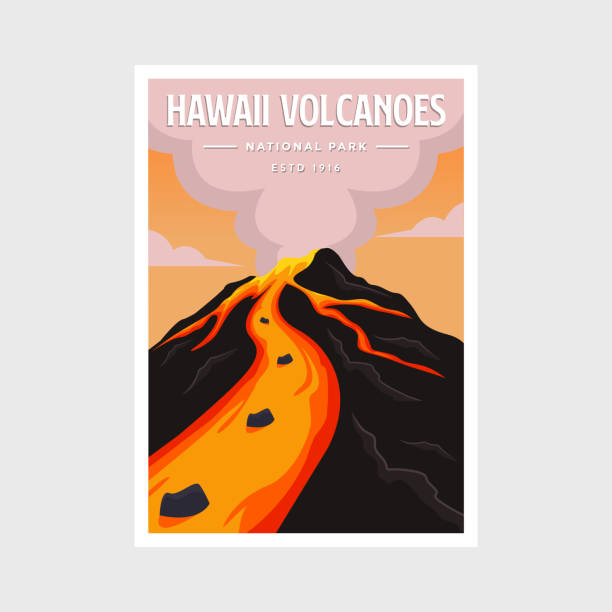 ilustraciones, imágenes clip art, dibujos animados e iconos de stock de diseño de ilustración vectorial de póster del parque nacional de los volcanes de hawái - volcano