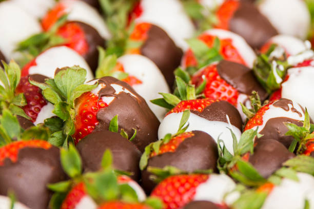 Close Up Dipped Chocolate Drizzled Strawberries Served On Gray Plate, Chocolate Covered Strawberries