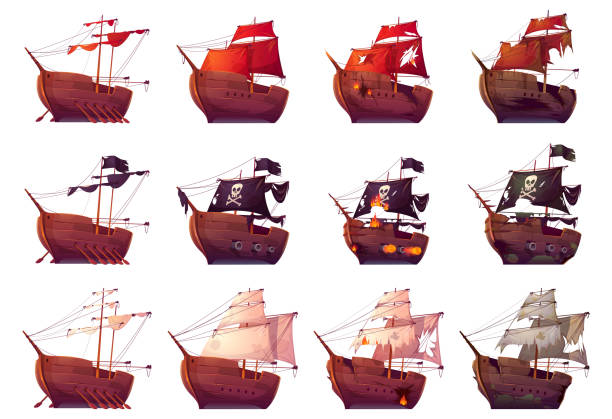 ilustraciones, imágenes clip art, dibujos animados e iconos de stock de barco pirata y galeón en batalla marítima - sunken