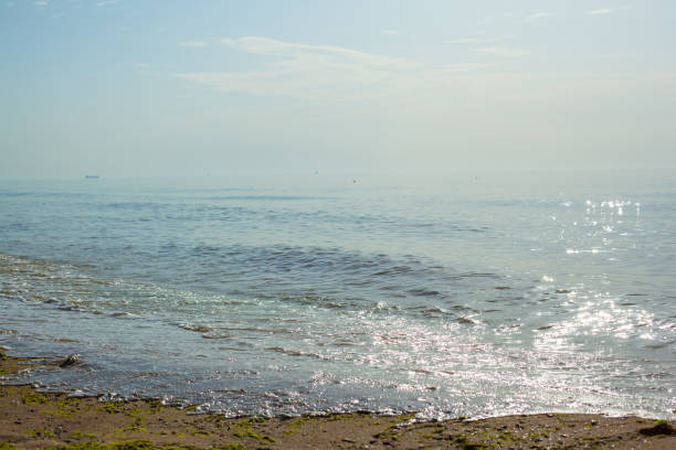 Beautiful sea at noon in summer, clear water, sand beach. silent waves are illuminated by the midday sun. seascape in Ukraine.