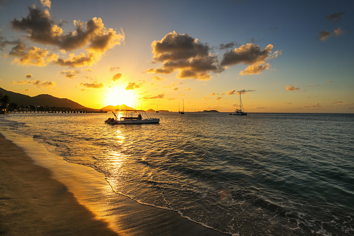 Sunset over Hillsborough Bay, Carriacou Island, Grenada. Hillsborough is the largest town on the island.