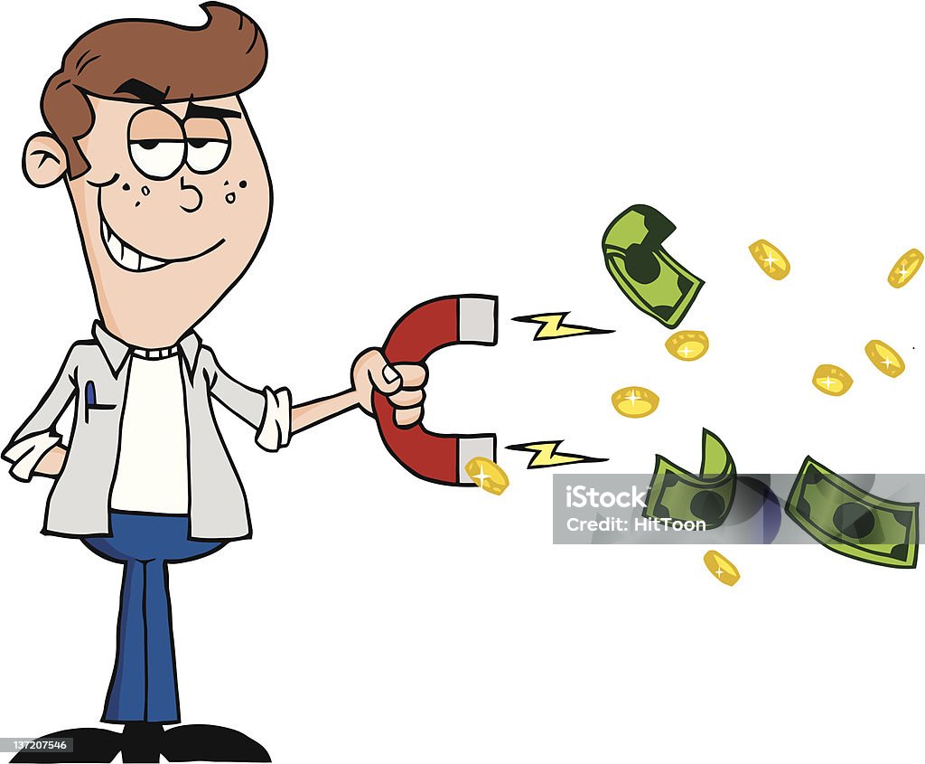 Caucasian Man Collecting Cash With A Money Magnet Happy Youth Using A Magnet To Attracts Money Vector stock vector