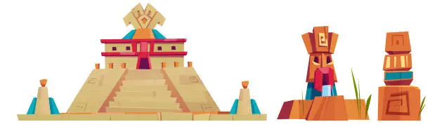 Vector illustration of Aztec pyramids and statues, mayan city monuments