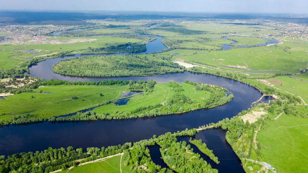 Aerial drone view of Dnieper and Dniester river near Kyiv, green islands from above, nature river landscape in spring, Ukraine Aerial drone view of Dnieper and Dniester river near Kyiv, green islands from above, nature river landscape in spring, Ukraine dnipropetrovsk stock pictures, royalty-free photos & images
