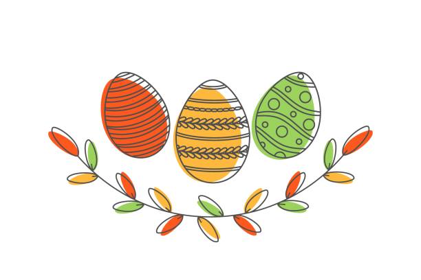 ilustraciones, imágenes clip art, dibujos animados e iconos de stock de feliz tarjeta de felicitación de pascua con inscripción caligráfica y huevos. feliz pascua lettering. los elementos de pascua dibujados a mano coronan huevos en el fondo blanco. ilustración vectorial. - easter ornament