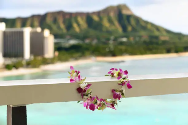 Hawaii travel icon: Lei flower necklace in front of Waikiki beach and Diamond Head state monument in Honolulu