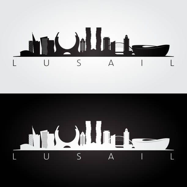 ilustrações de stock, clip art, desenhos animados e ícones de lusail skyline and landmarks silhouette, black and white design, vector illustration. - qatar