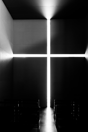 Building exterior, cement wall, cross of light, crucifix, minimalism