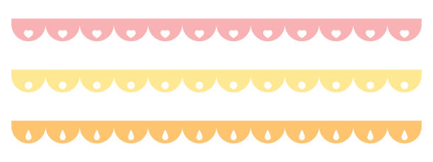 Cute scalloped edge with dots, heart shape and drop shape decoration, seamless upper border set. Cute scalloped edge with dots, heart shape and drop shape decoration, seamless upper border set. Flat vector illustration. scalloped illustration technique stock illustrations