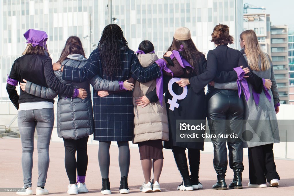 Women's rights Multiracial group of women only on violence protest International Womens Day Stock Photo