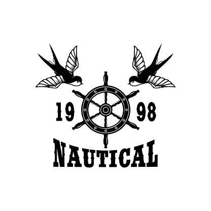Vintage ship steering wheel with swallows. Design element for emblem, sign, badge. Vector illustration