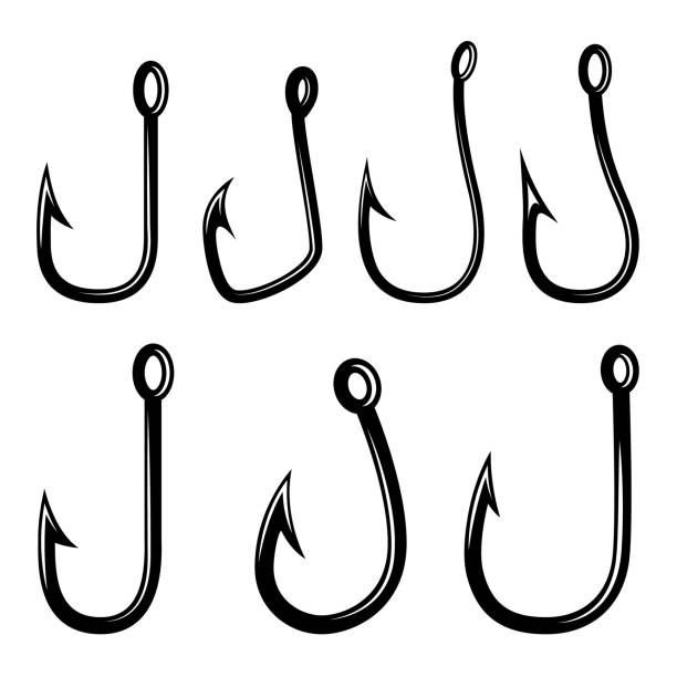 Set of illustrations of fishing hooks. Design element for poster, card, banner,emblem, sign. Vector illustration Set of illustrations of fishing hooks. Design element for poster, card, banner,emblem, sign. Vector illustration fishing bait stock illustrations