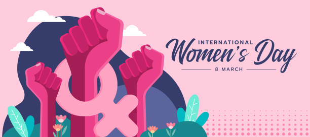 세계 여성의 날 - 분홍색 여성 제기 손을 착용 여성 기호 벡터 디자인 - women's day stock illustrations