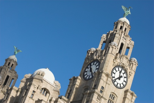 Closer shot of the Royal Liver building clock tower and liver bird with copy space.