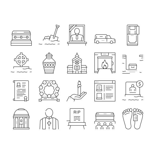 Funeral Burial Service Collection Icons Set Vector . Funeral Burial Service Collection Icons Set Vector. Church And Priest, Grave And Coffin, Candle And Gravestone, Funeral Crematorium And Cemetery Black Contour Illustrations . coffin crematorium stock illustrations