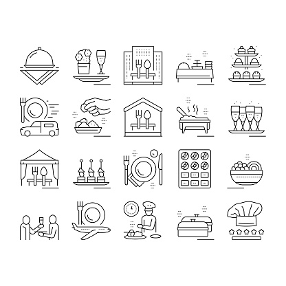 Catering Food Service Collection Icons Set Vector. Catering In Hotel And Restaurant, Nutrition Cooking And Delivery, Drinks, Dishes And Dessert Black Contour Illustrations .
