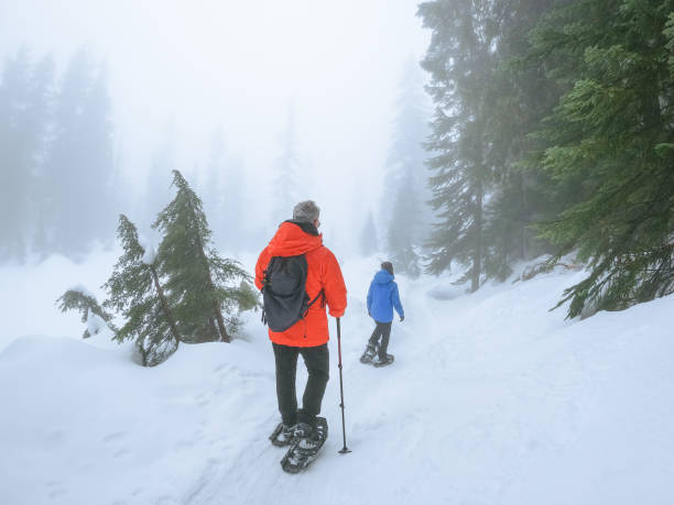 istock Couple in 60's Snowshoeing on Misty Forest Single Track Trail 1372089452