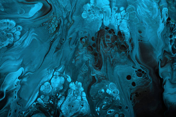 istock Fluid Art. Blue abstract wave swirls on black background. Marble effect background or texture 1372090058