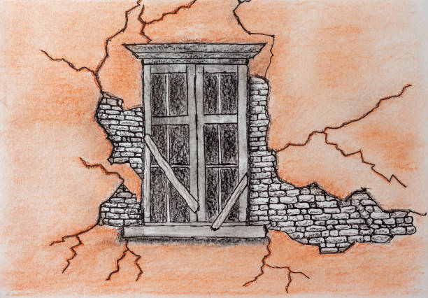ilustrações, clipart, desenhos animados e ícones de janela de madeira na parede de uma casa velha com gesso em ruínas e alvenaria - paint peeling wall cracked