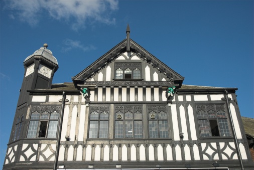 Detail of tudor black and white wooden framed building in Northwich, Cheshire.