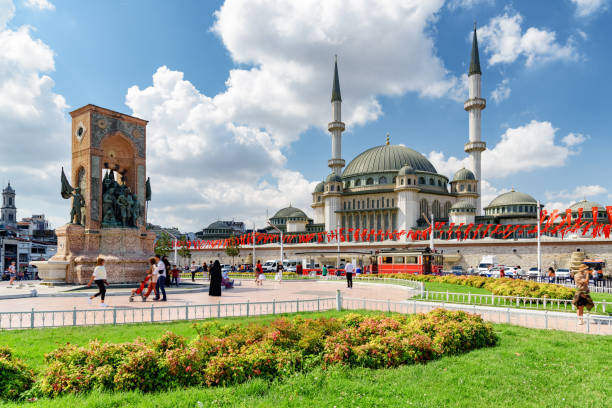 The Taksim Mosque and the Republic Monument, Istanbul, Turkey stock photo