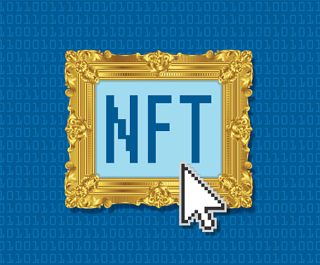 Vector illustration of an NFT (Non-Fungible Token). Crypto art, digital art, blockchain technology, Ethereum concept illustration.