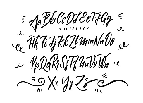 Hand drawn black color lettering alphabet. Decorative type calligraphy style. Vector font.