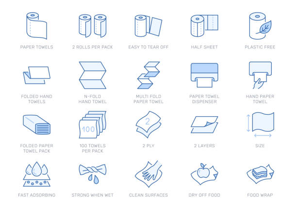 illustrations, cliparts, dessins animés et icônes de icônes de ligne d’essuie-tout. illustration de contour vectoriel avec icône - emballage à rouleaux, distributeur, multifold, sans plastique, eau adsorbante, pictogramme pour lingette jetable de cuisine. contour modifiable, couleur bleue - hand rolled