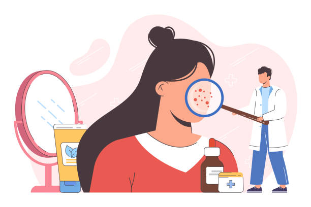 Dermatologist examining woman face with skin diseases, acne Flat woman face with skin diseases. Rashes, acne or dermatology problems. Dermatologist or cosmetology doctor with magnifier glass examining huge female head with facial dermatitis, redness or pimples dermatologist stock illustrations