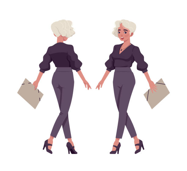 ilustrações de stock, clip art, desenhos animados e ícones de beautiful blonde woman with white dyed hair walking, business outfit - fashion fashion model asian ethnicity tall