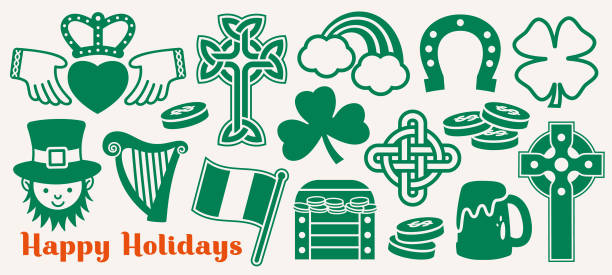 st. patrick's day icons banner - weißer hintergrund - clover celebration event sparse simplicity stock-grafiken, -clipart, -cartoons und -symbole