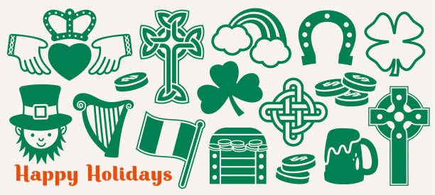 ilustraciones, imágenes clip art, dibujos animados e iconos de stock de banner de iconos del día de san patricio - fondo blanco - celtic cross