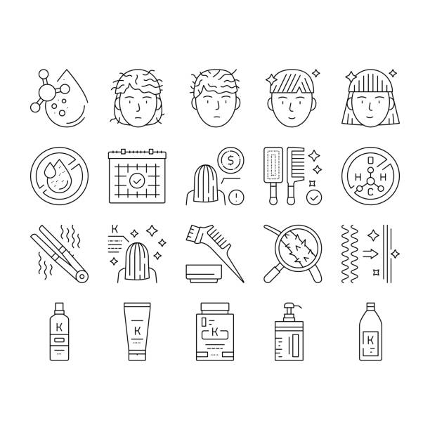 Keratin Hair Procedure Collection Icons Set Vector . Keratin Hair Procedure Collection Icons Set Vector. Keratin Cosmetic And Cream, Shampoo And Oil, Comb And Straightener Beauty Salon Service Black Contour Illustrations . chemical straightener stock illustrations