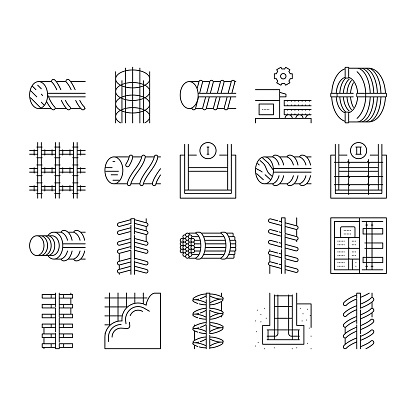 Rebar Construction Collection Icons Set Vector. Threaded And Hardened Steel Fittings, Metal And Basalt Rebar Production, Concrete Floor And Wall Black Contour Illustrations .