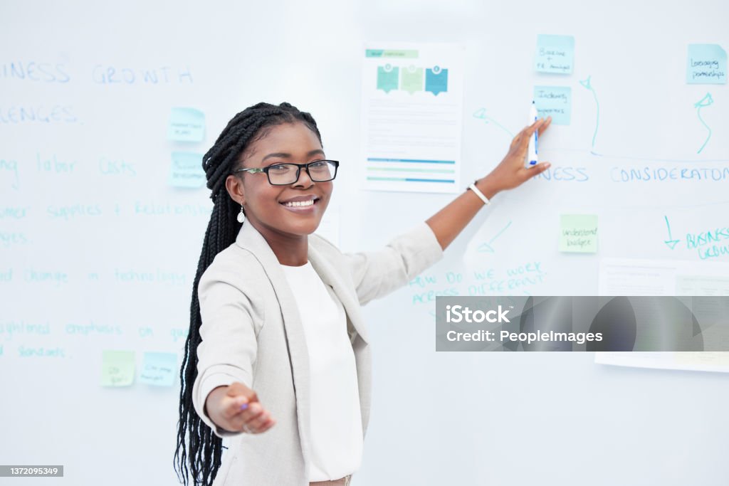 Shot of a confident young businesswoman brainstorming ideas Building a brilliant business requires ideas Whiteboard - Visual Aid Stock Photo