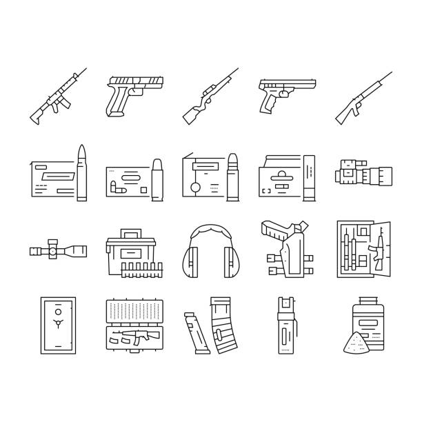 Shooting Weapon And Accessories Icons Set Vector . Shooting Weapon And Accessories Icons Set Vector. Pepper Spray And Ammo Box, Centerfire And Rimfire Pistol, Night Vision Scope And Ear Muffs For Shooting Gun Black Contour Illustrations . gun holster stock illustrations