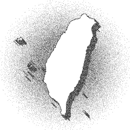Map of Taiwan draw with the stippling technique. Beautiful and trendy illustration created only with dots and isolated on a blank background. White map with dotted black outline and dark shadow. White background with a stippled circular gradient. (colors used: black and white). Vector Illustration (EPS10, well layered and grouped). Easy to edit, manipulate, resize or colorize. Vector and Jpeg file of different sizes.