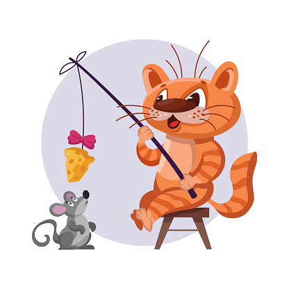 Cat catching mouse on fishing rod with cheese.
