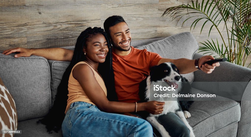 Shot of a happy young couple sitting on the sofa at home with their Border Collie and watching television Are we ready to start the show? Watching TV Stock Photo